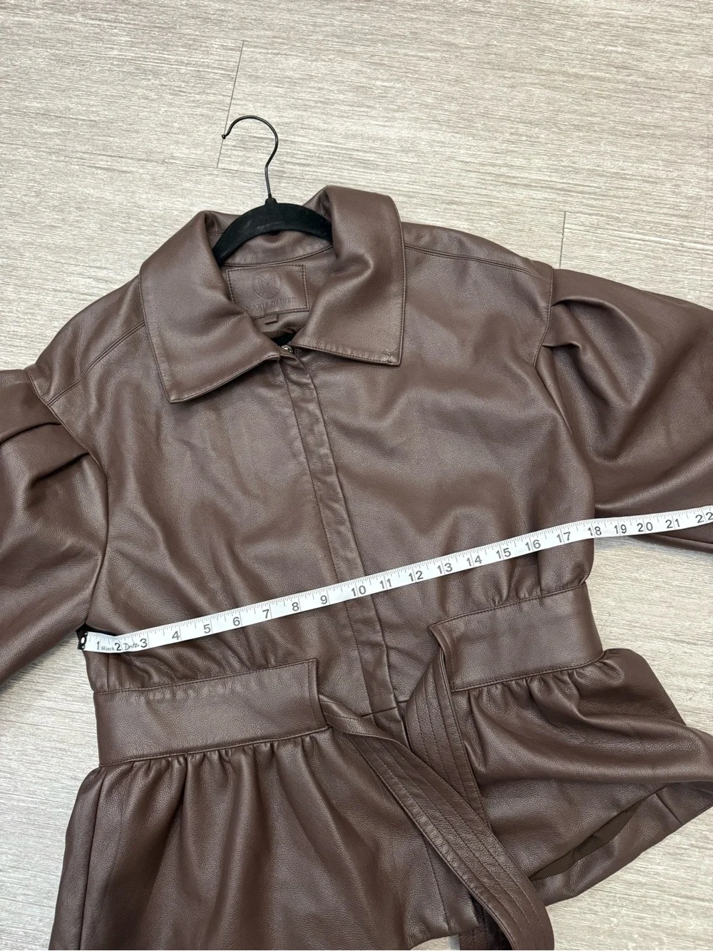 Marie Oliver Brown Faux Leather Peplum Jacket‎ Belted Quiet Luxury Romantic Coat
